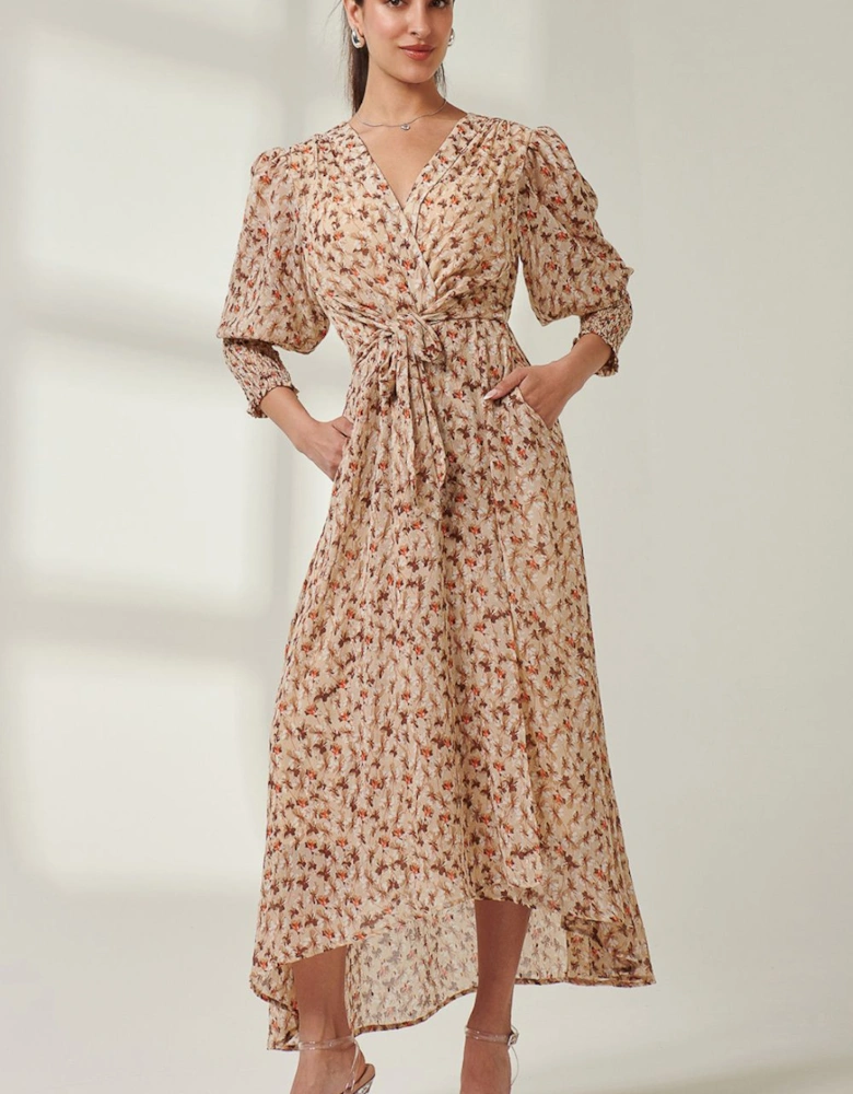 V Neck Tie Waist Puff Sleeve Maxi Dress