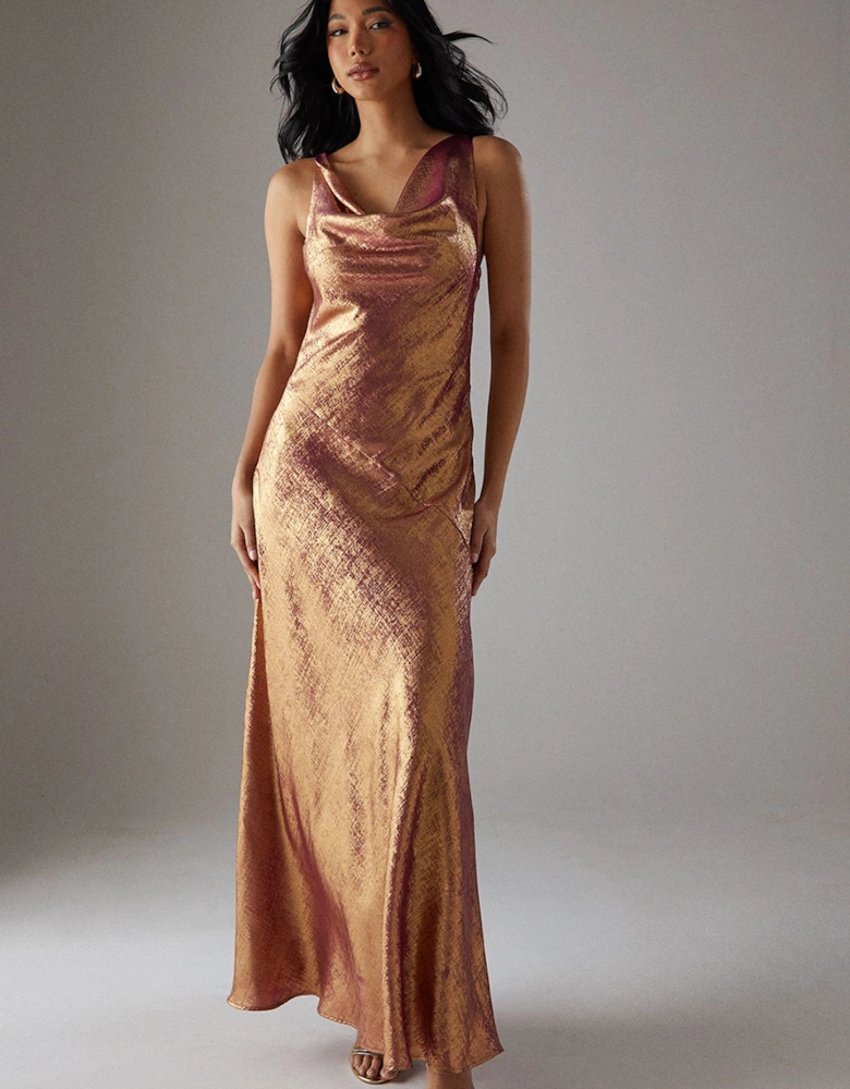 Metallic Lame Cowl Neck Maxi Dress