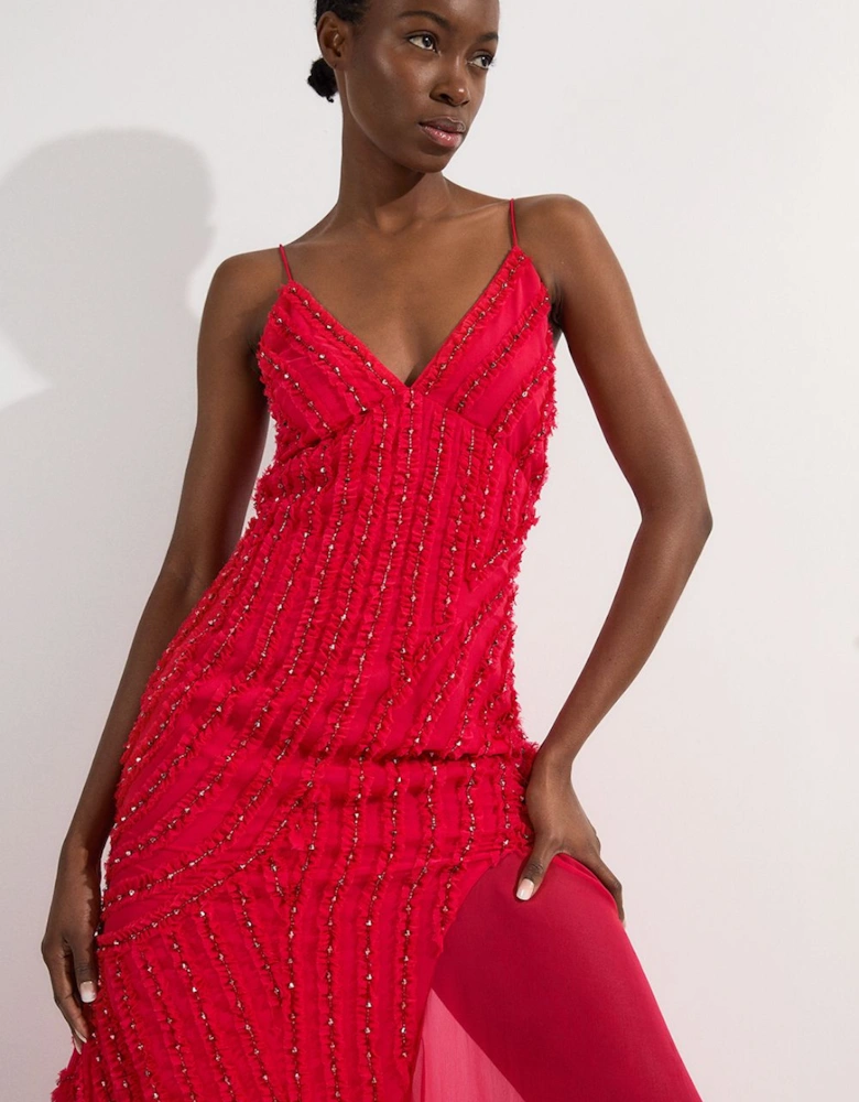 Embellished Ruffle Strappy Woven Maxi Dress