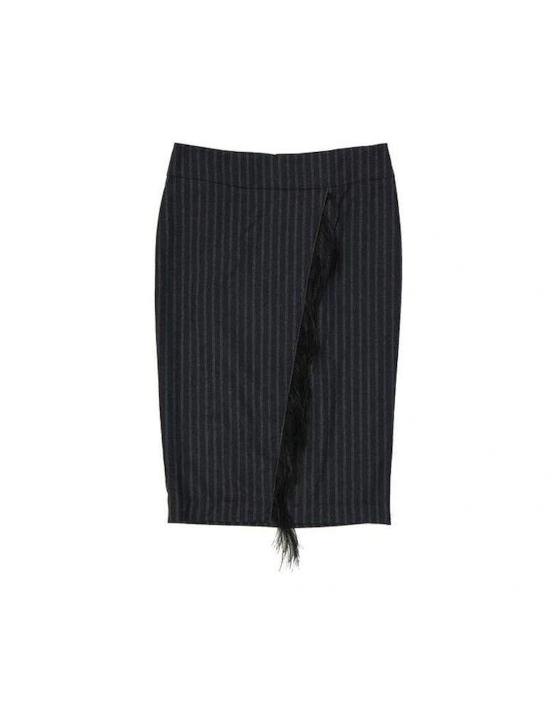 Wool Striped Skirt with Front Deep Vent and Back Zip Closure  - Gray