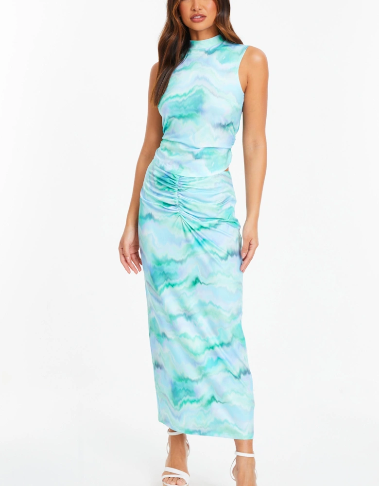 Blue Marble Print Ruched Midi Skirt
