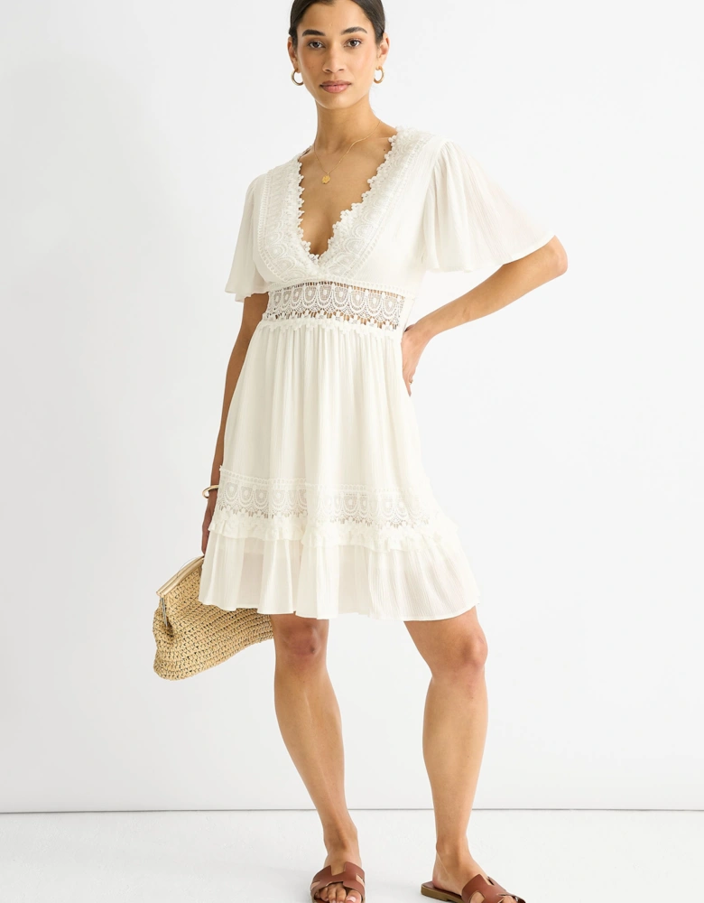 White Lace Trim Viscose Mini Skater Dress