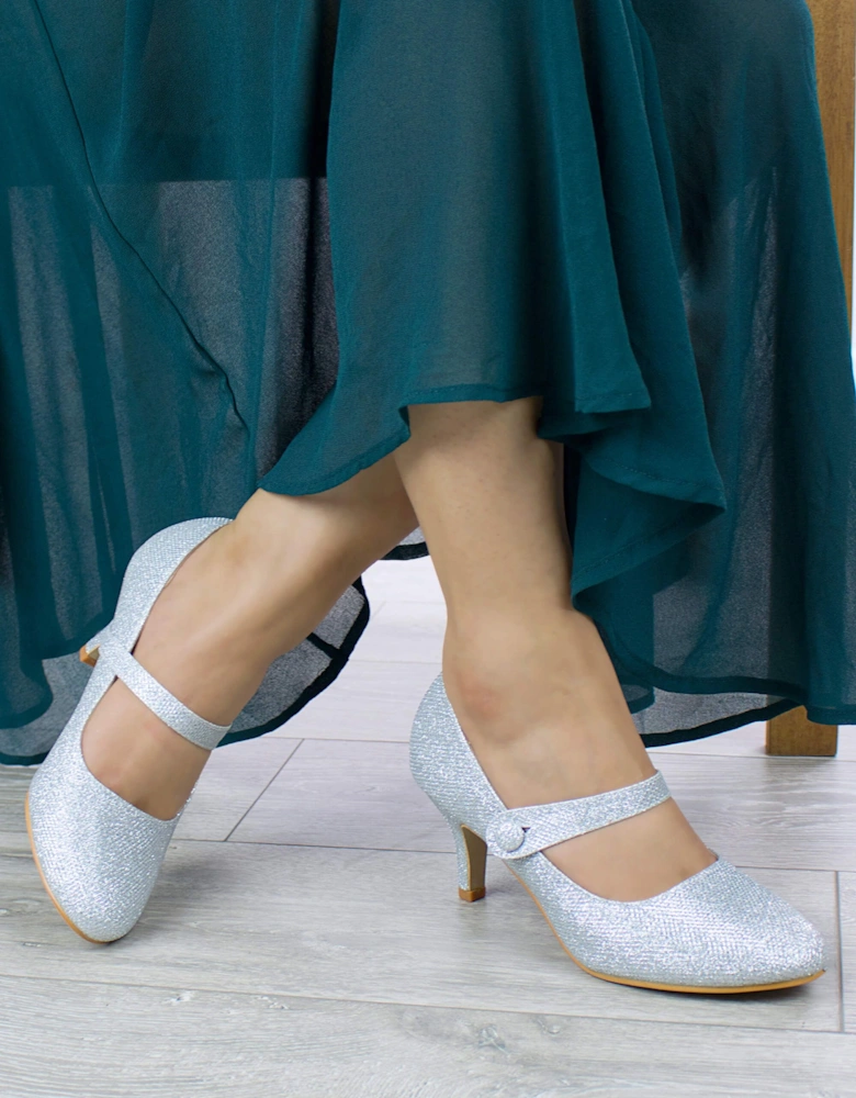 Mid  Heel Elasticated Strap Mary Jane  Court Shoes
