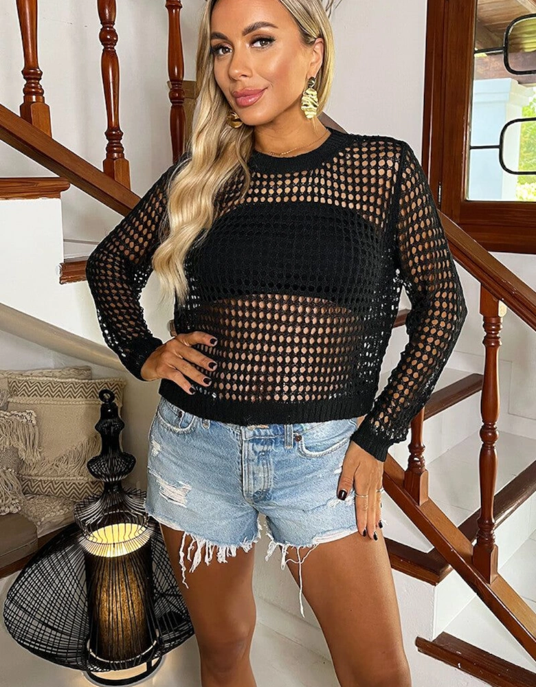 Black Open Stitch Crochet Long Sleeve Top