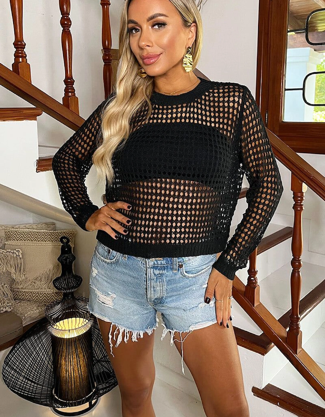 Black Open Stitch Crochet Long Sleeve Top, 2 of 1