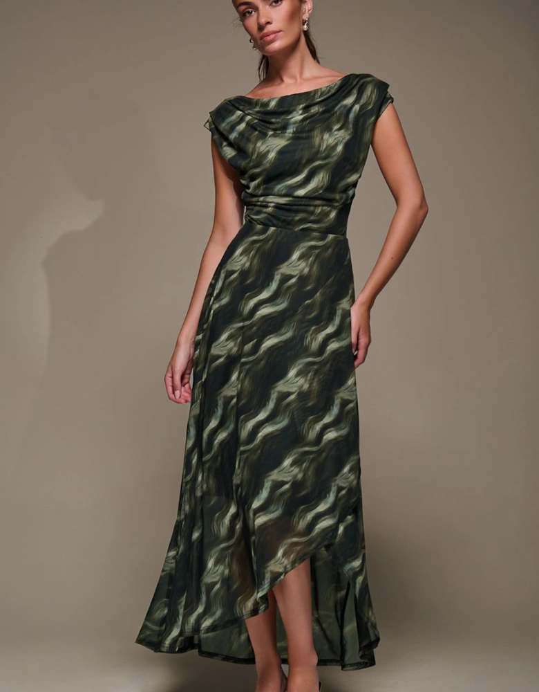 Asymmetric Draped Mesh Maxi Dress