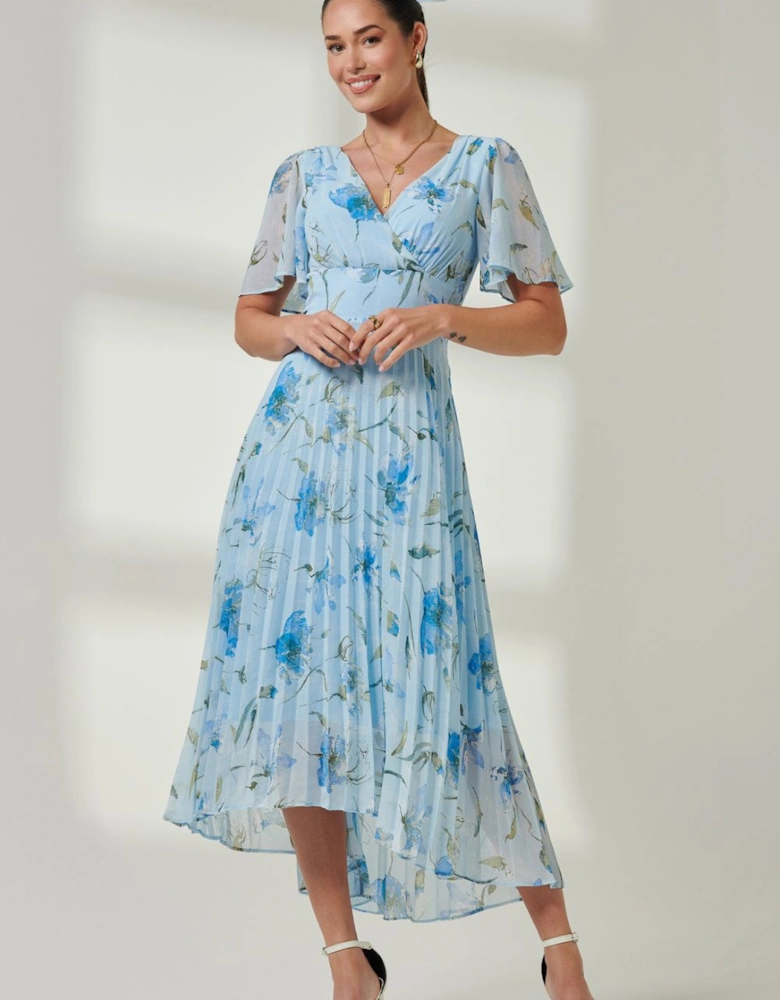 Pleated Dip Hem Chiffon Maxi Dress