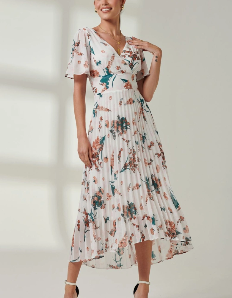Pleated Dip Hem Chiffon Maxi Dress