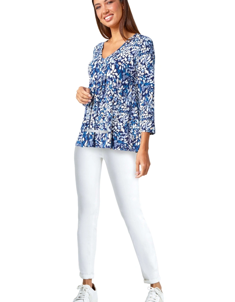 Leaf Print V-Neck Pintuck Tunic Swing Top
