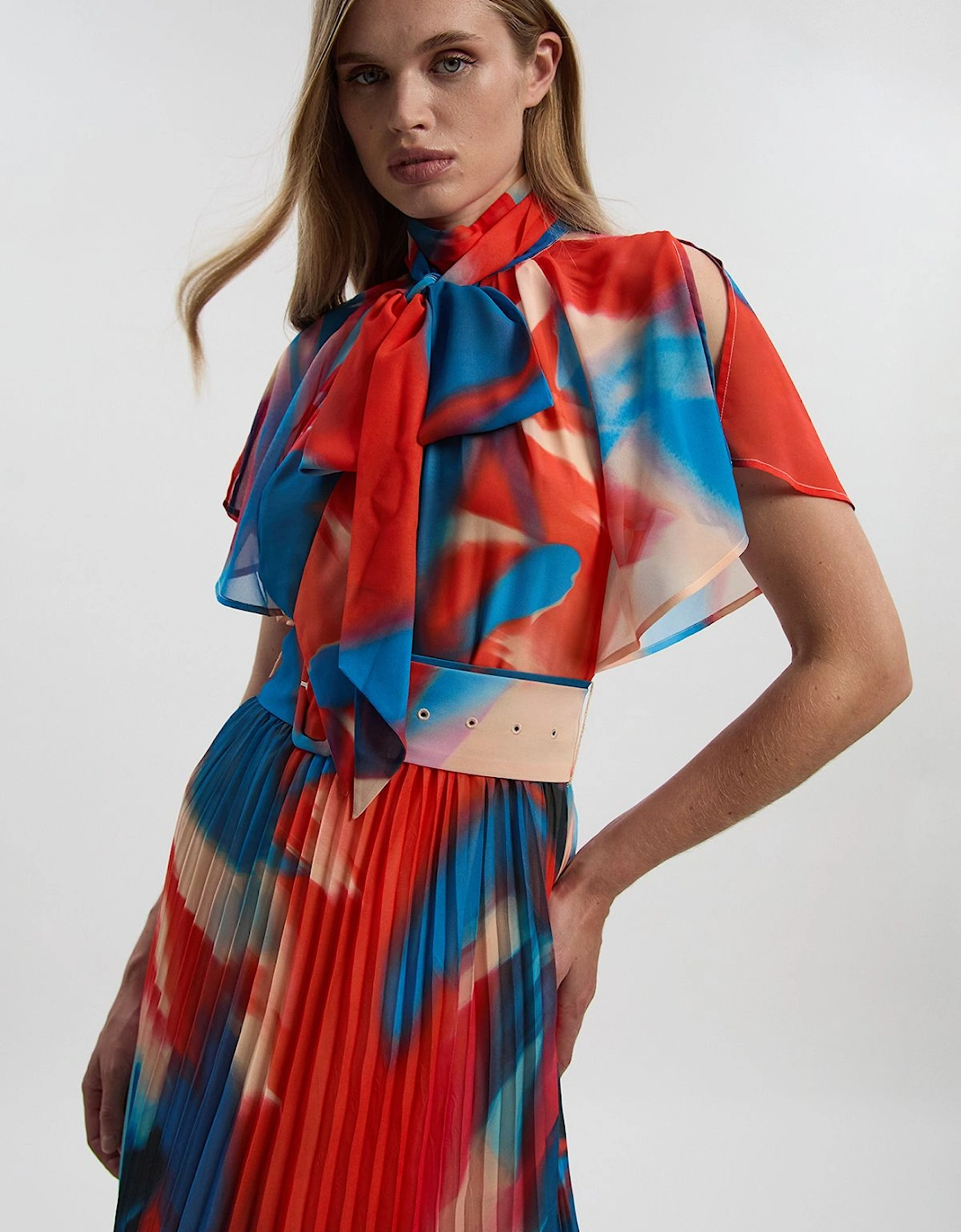 Georgette Tie Neck Blur Print Woven Midi Dress, 2 of 1