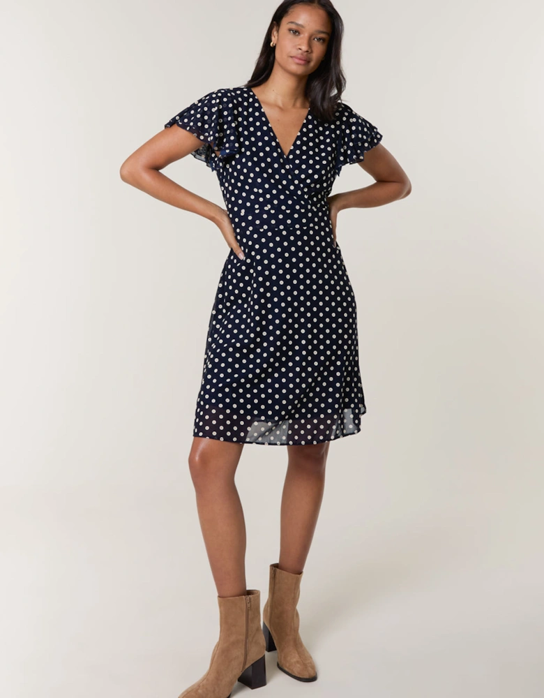 Navy Polka Dot Mesh Frill Sleeve Wrap Dress With Tie Waist