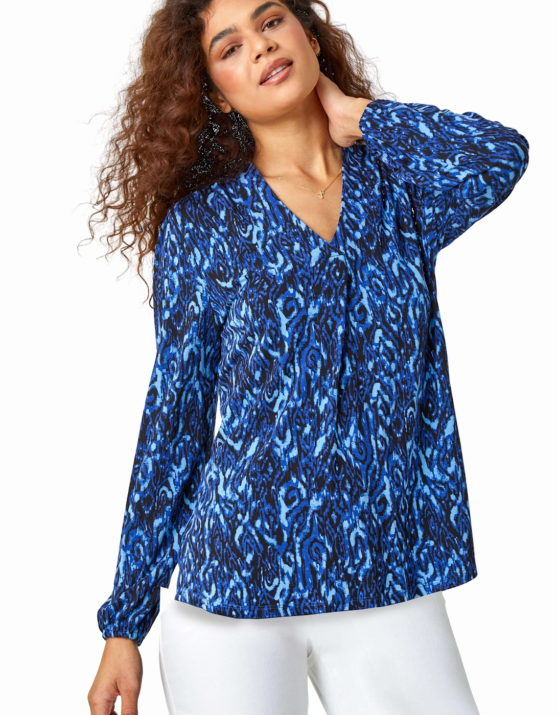 Aztec Print Pleated V-Neck Stretch Top, 2 of 1