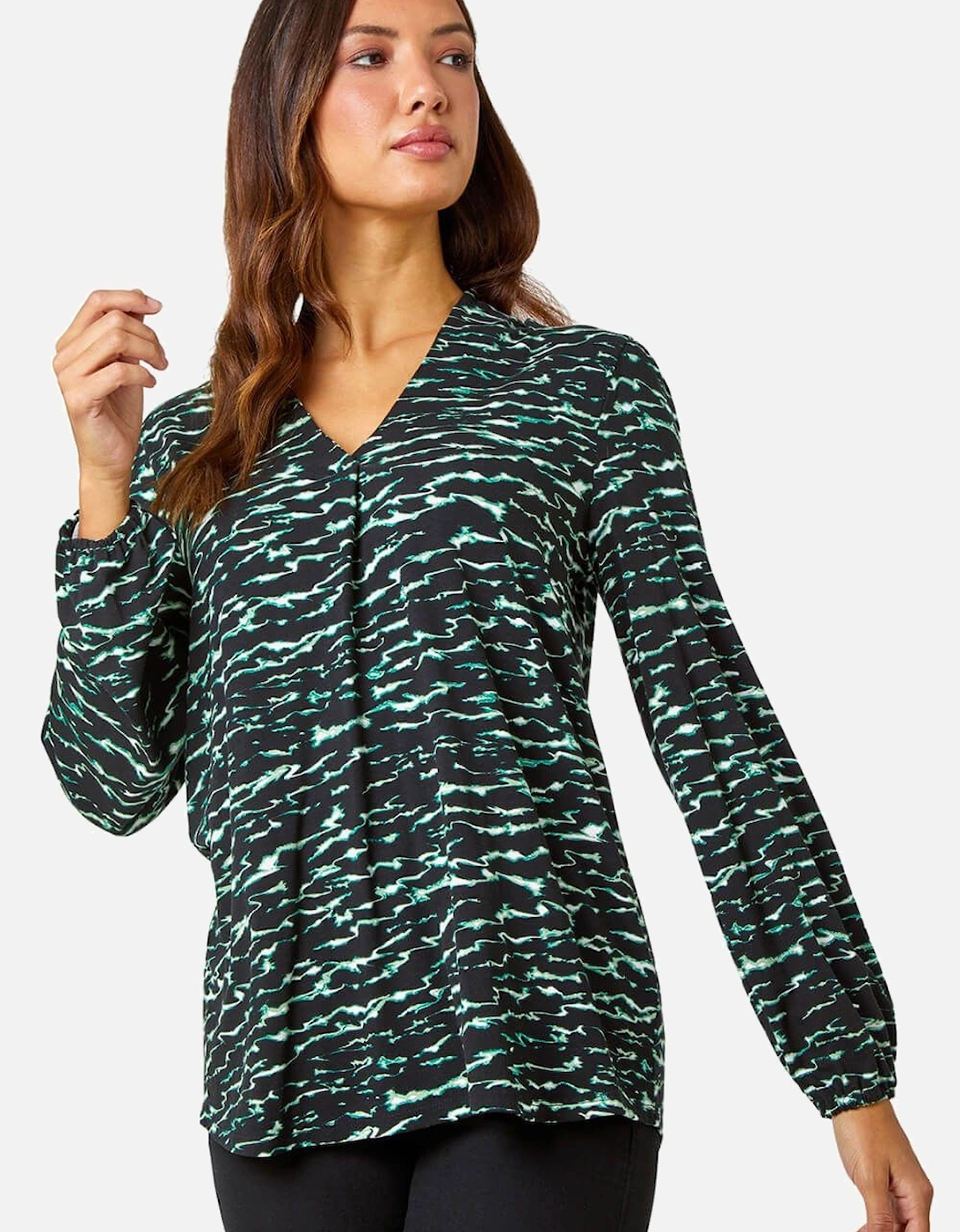 Wave Print Pleated V-Neck Stretch Top, 2 of 1