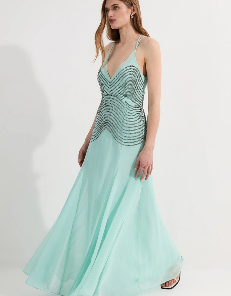 Embellished Geo Strappy Woven Maxi Dress