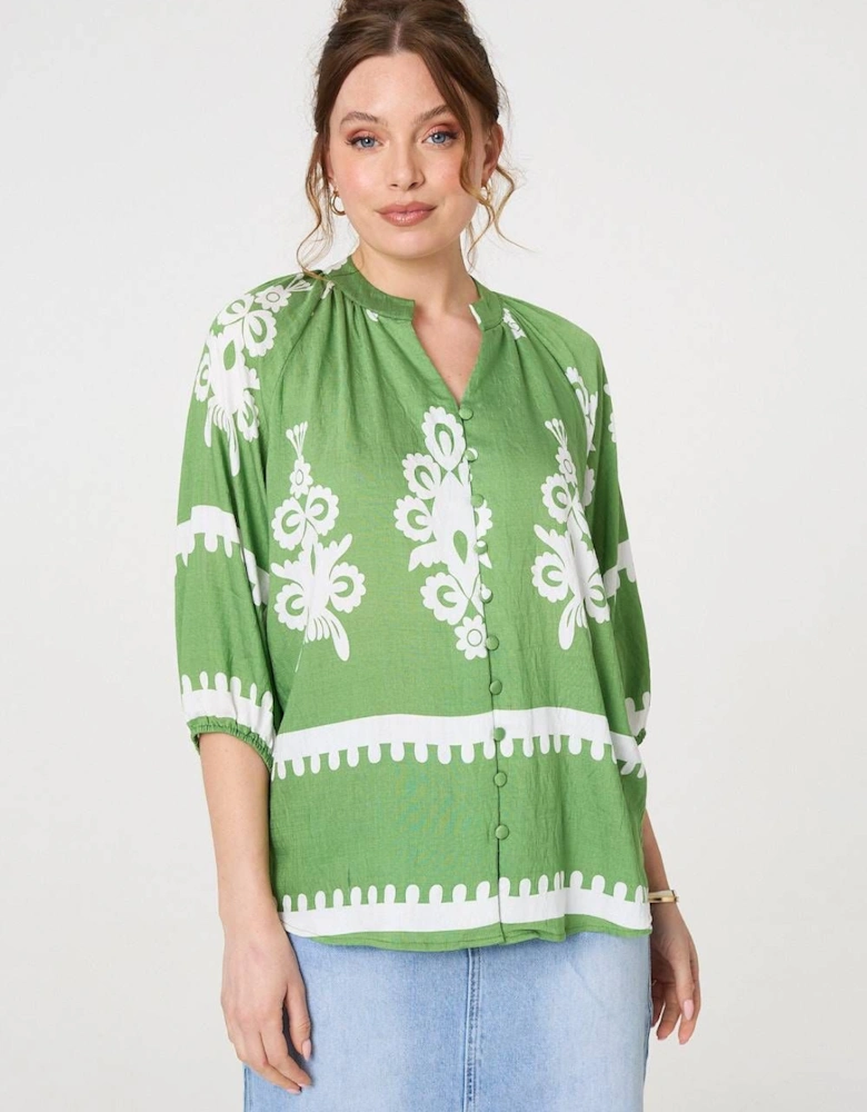 Ikat Print 3/4 Sleeve Relaxed Blouse