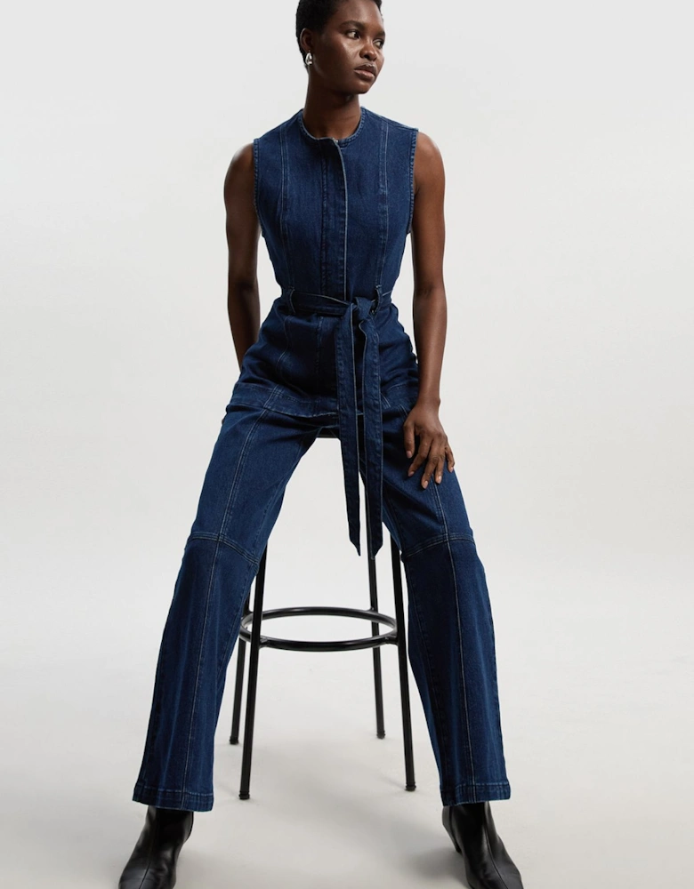 Denim Button Front Straight Leg Trousers