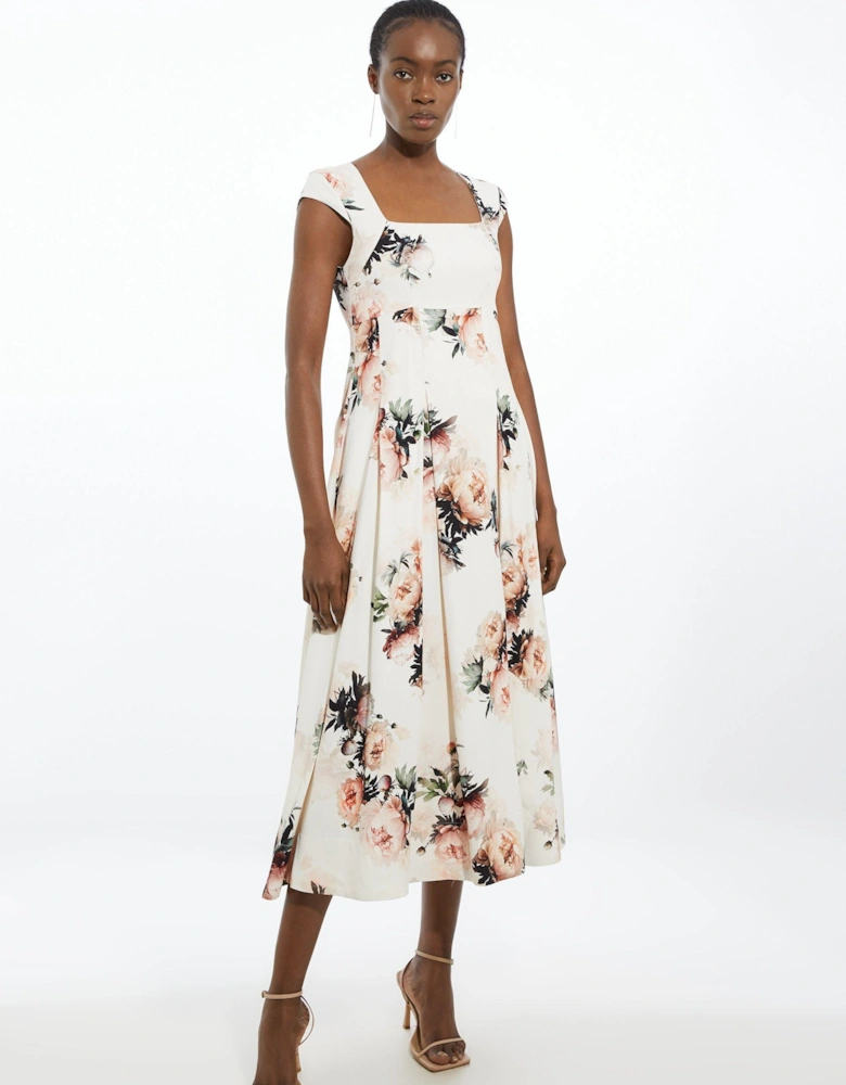 Viscose Satin Back Crepe Peony Tailored Square Neck Full Skirted Midi Dress