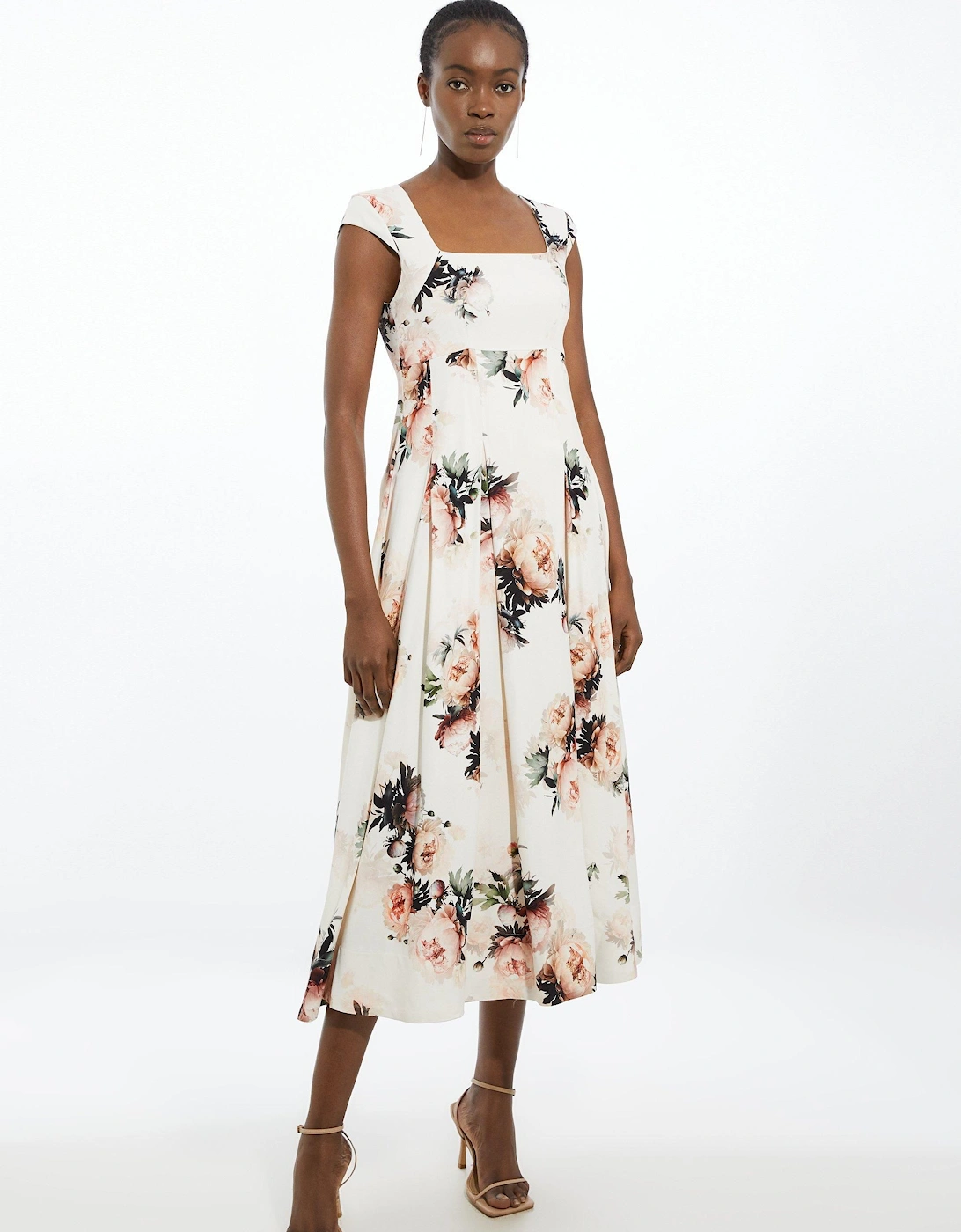 Viscose Satin Back Crepe Peony Tailored Square Neck Full Skirted Midi Dress, 2 of 1