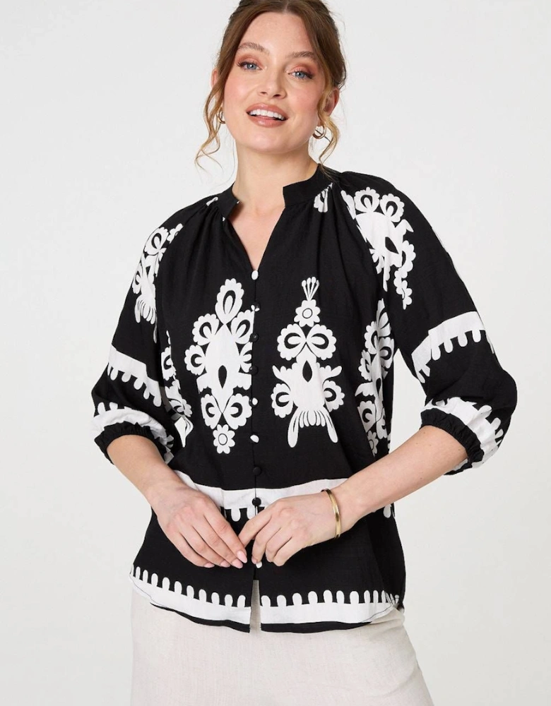Ikat Print 3/4 Sleeve Relaxed Blouse