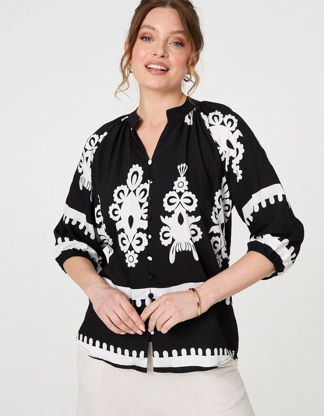 Ikat Print 3/4 Sleeve Relaxed Blouse, 2 of 1