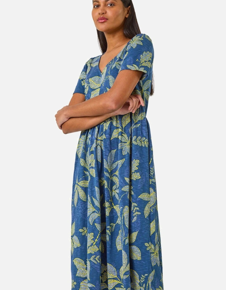 Leaf Print Stretch Midi Dress