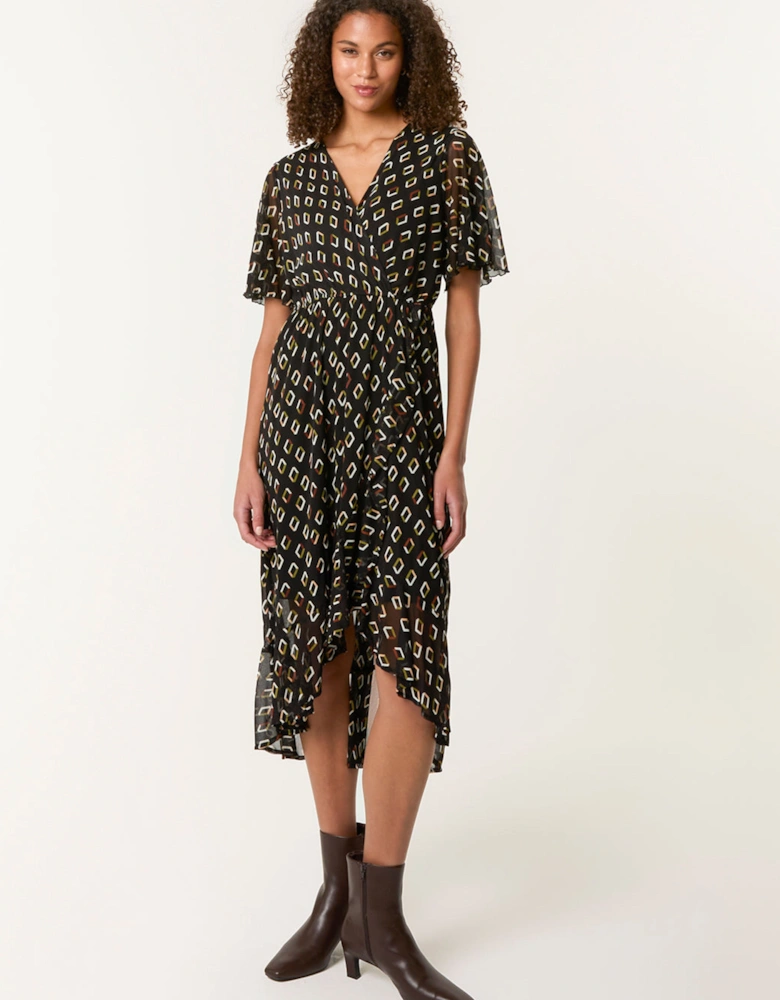 Black Geometric Mesh Ruffle Wrap Dress