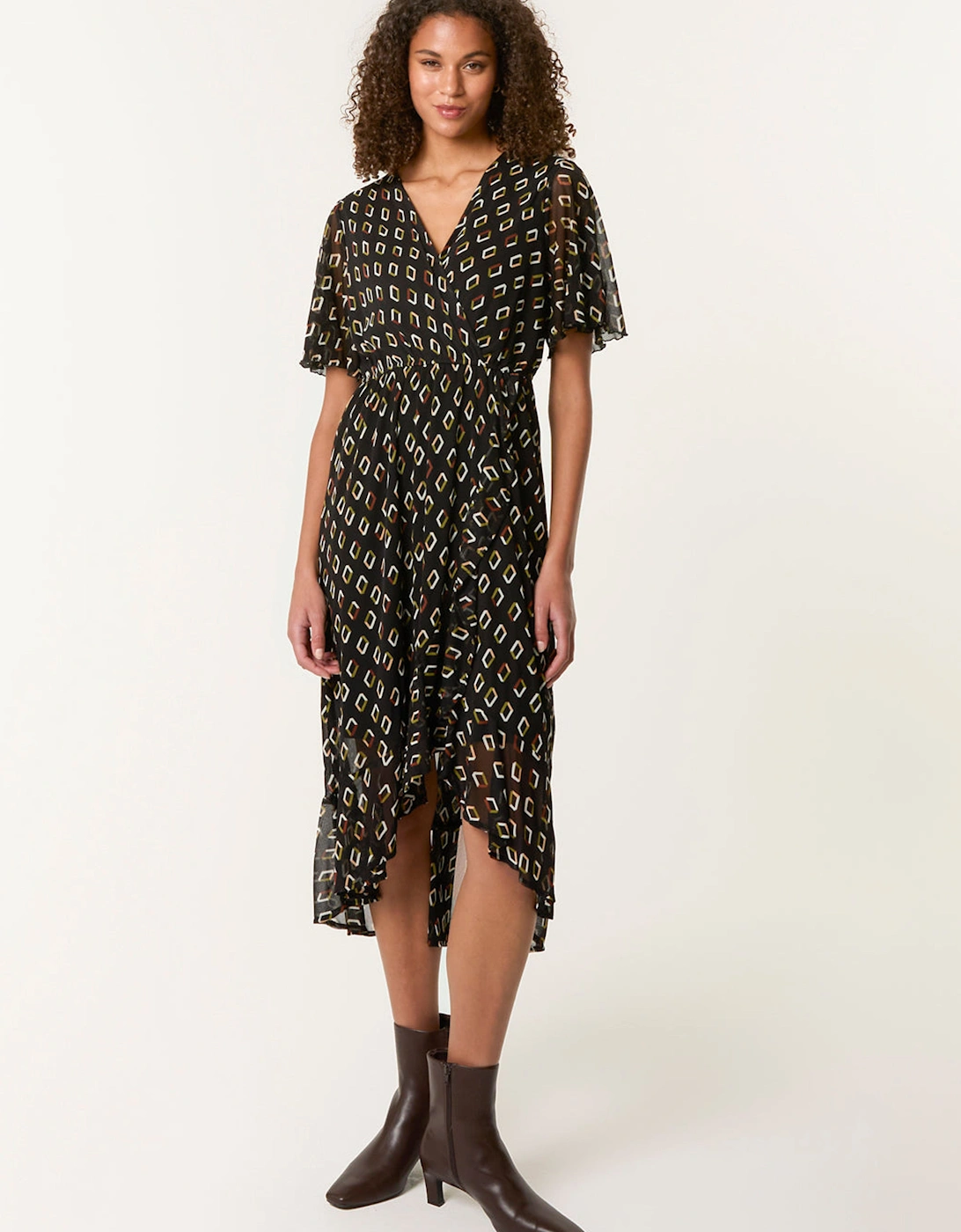 Black Geometric Mesh Ruffle Wrap Dress, 2 of 1