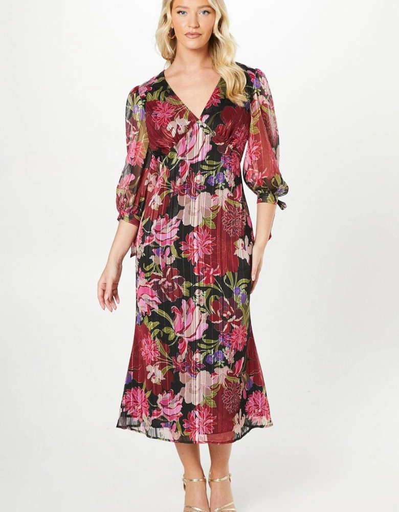 By Coast V Neck Blouson Sleeve Satin Midi Dress