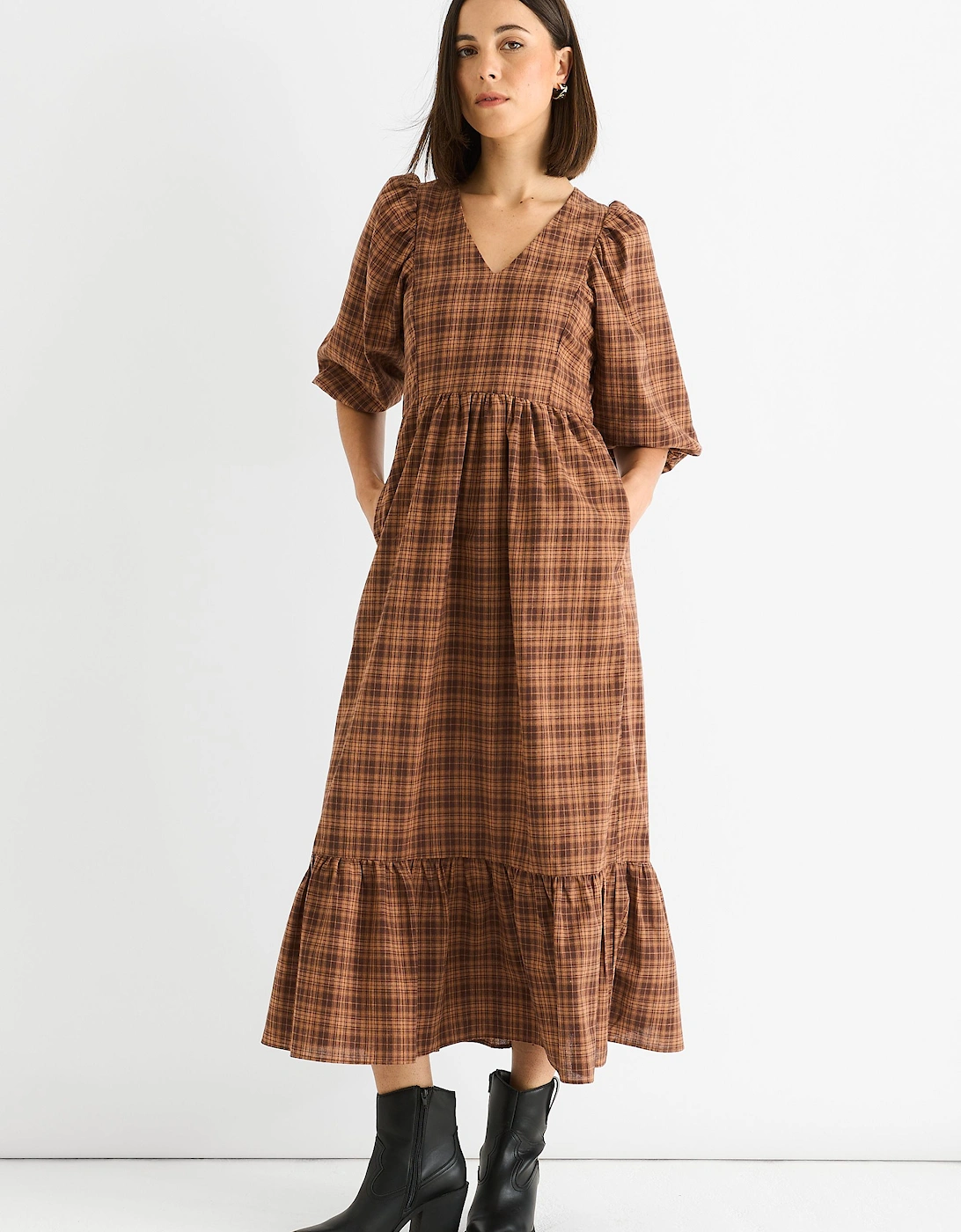 Brown Cotton Puff Sleeves V Neck Midi Dress, 2 of 1