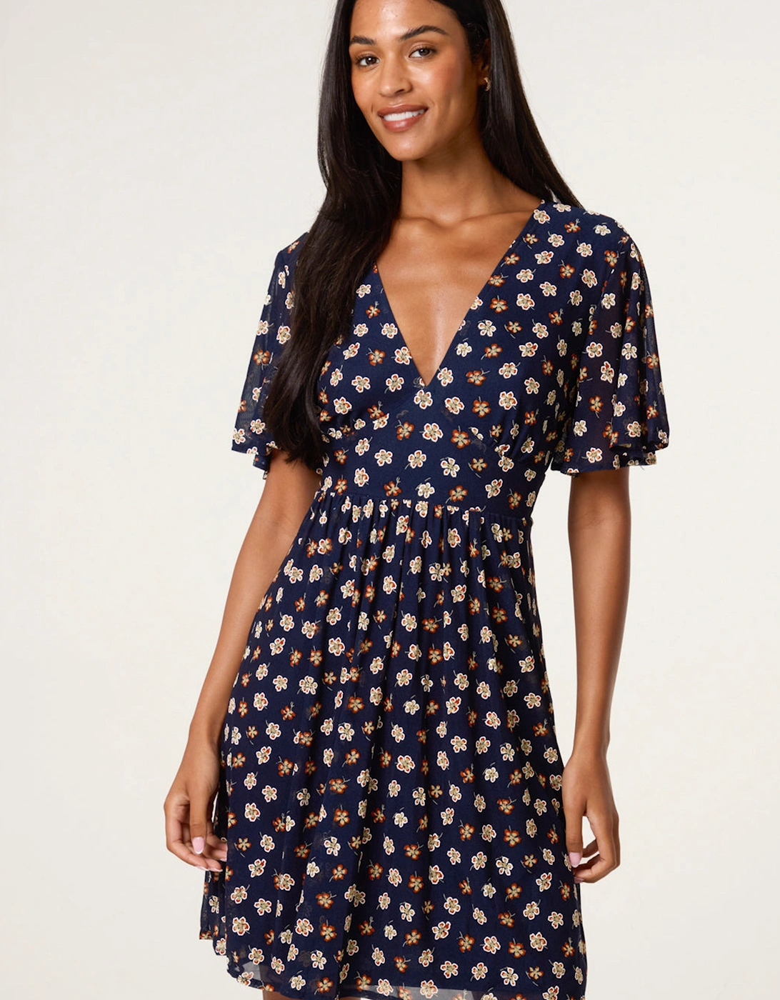 Navy Ditsy Floral V Neck Tie Back Mini Dress, 2 of 1