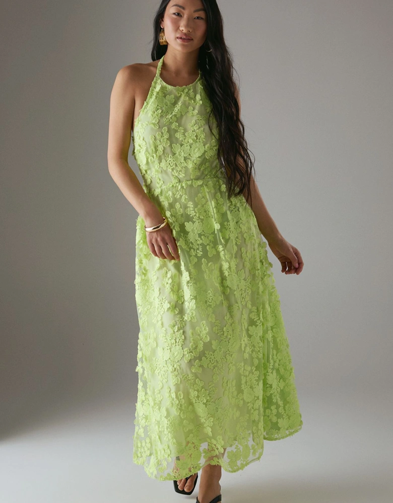 Petite 3D Embroidered Halter Open Back Midi Dress