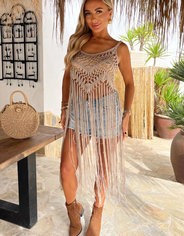 Mocha Open Knit Crochet Fringe Hem Crop Top