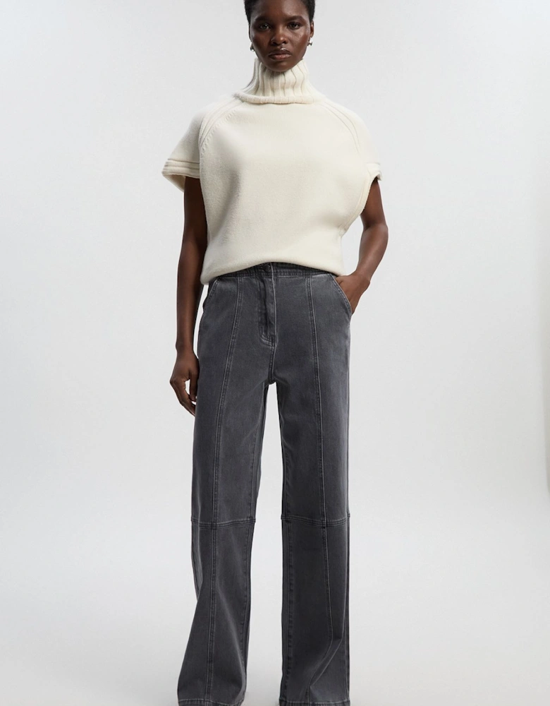 Denim Button Front Straight Leg Trousers