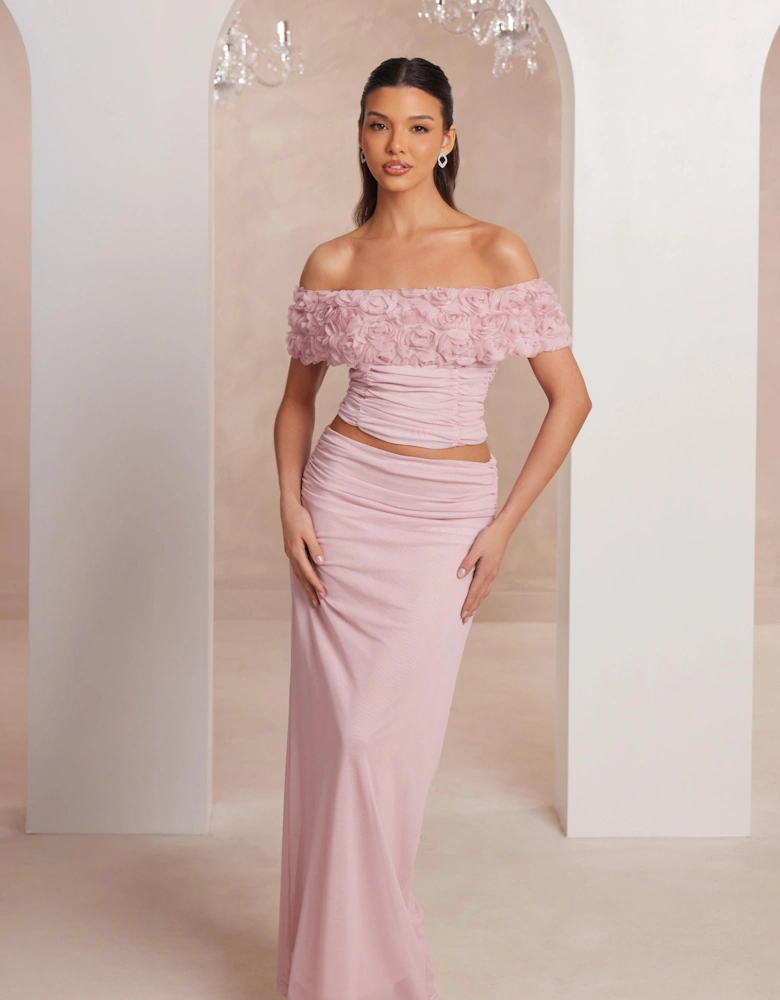 Pale Pink Mesh Ruched Midaxi Skirt