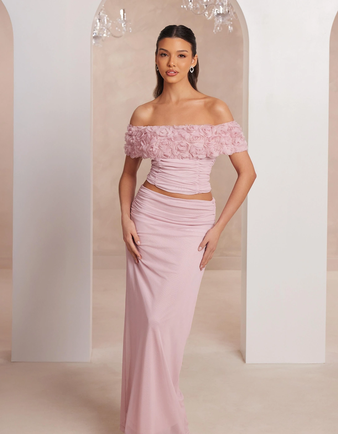 Pale Pink Mesh Ruched Midaxi Skirt, 2 of 1
