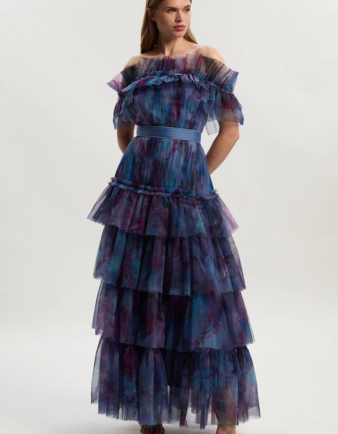 Floral Print Tulle Layered Off The Shoulder Maxi Dress, 2 of 1