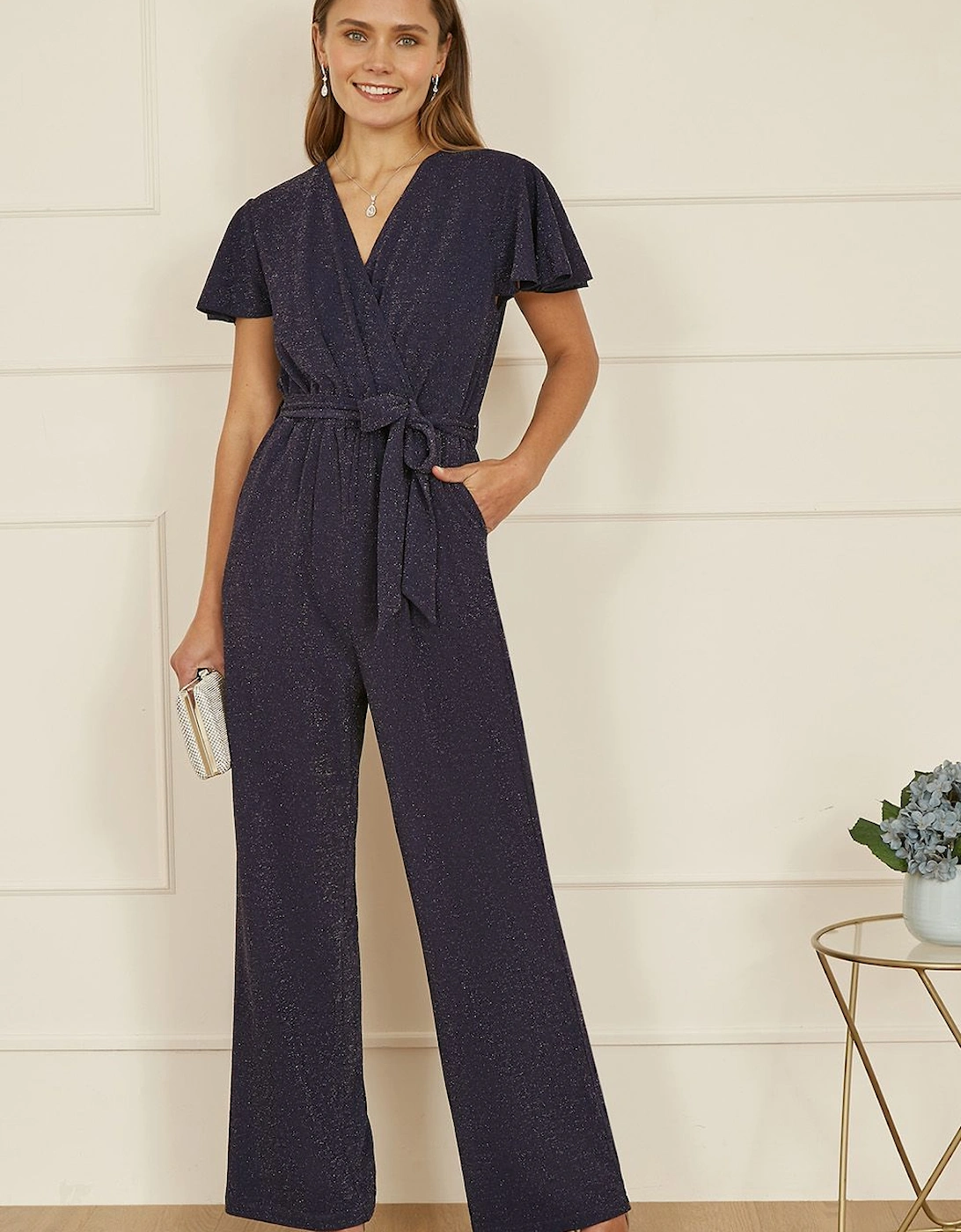 Navy Sparkle Stretch Wrap Over Jumpsuit, 2 of 1