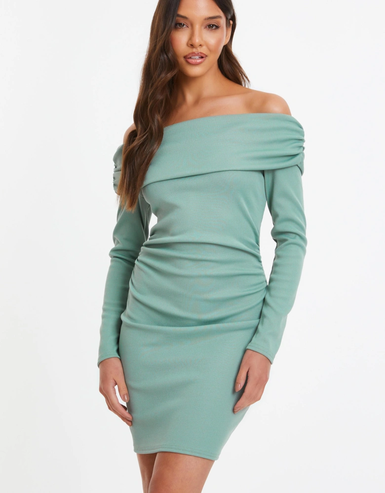 Ribbed Bardot Mini Ruched Dress
