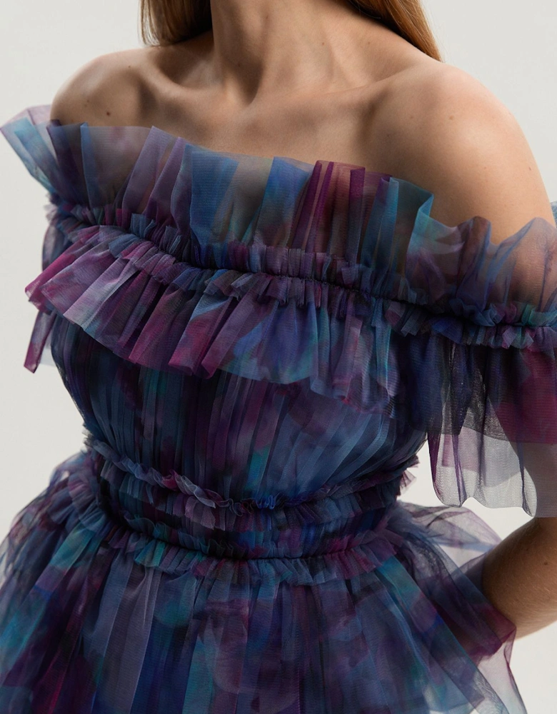 Floral Tulle Layered Off The Shoulder Blouse