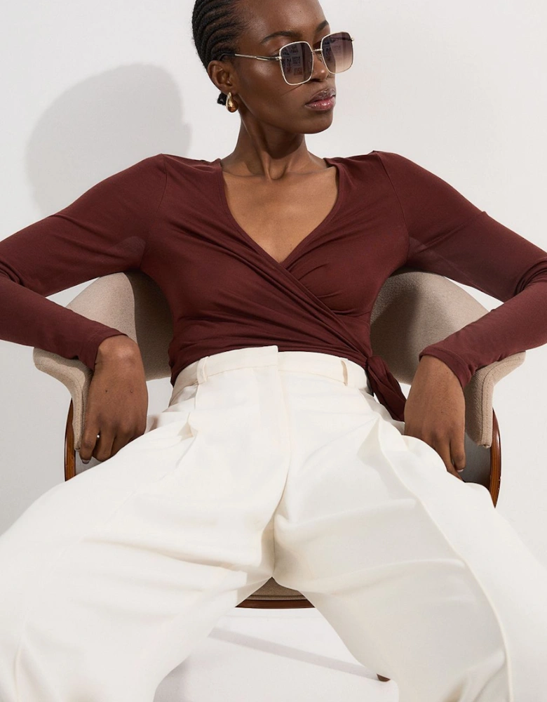 Tencel Jersey Wrap Detail Plunge Neck Long Sleeve Top