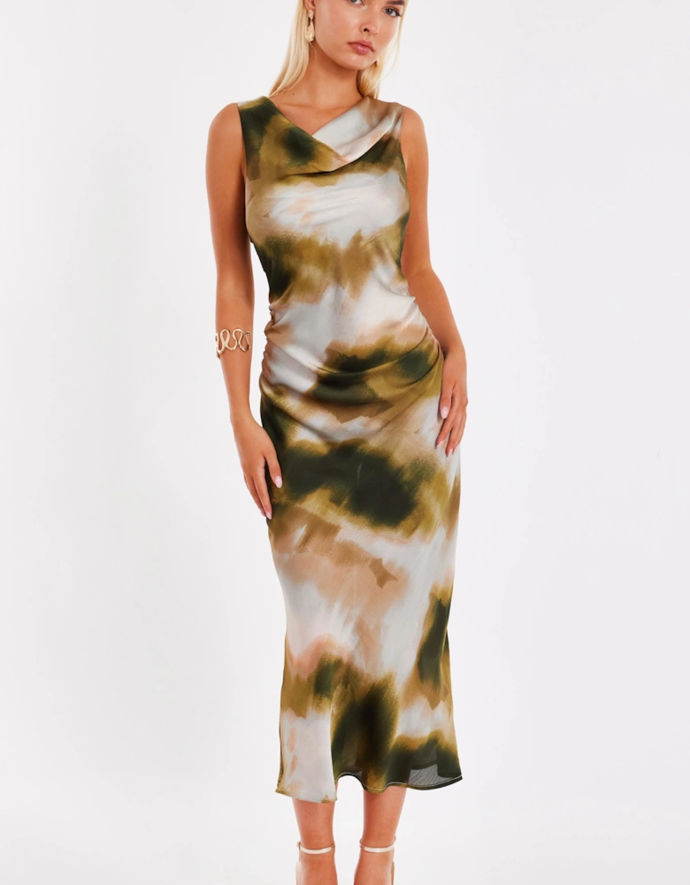 Khaki Printed Satin Midaxi Dress