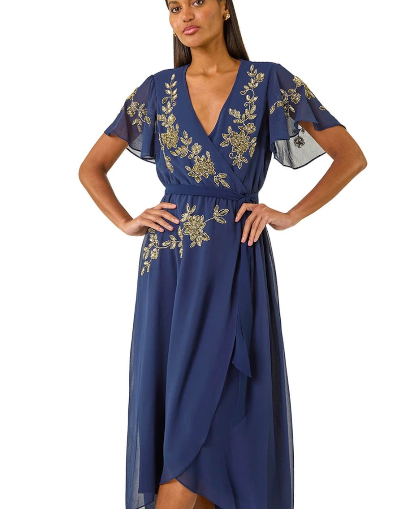 Premium Beaded Wrap Midi Dress