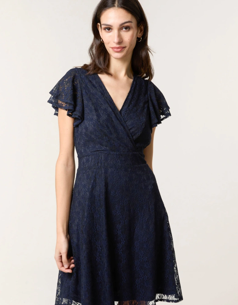 Navy Lace Flutter Sleeve Wrap Mini Dress