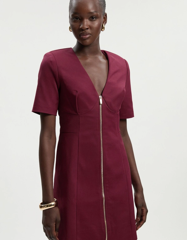 Techno Cotton Short Sleeve Zip Detail Woven Mini Dress