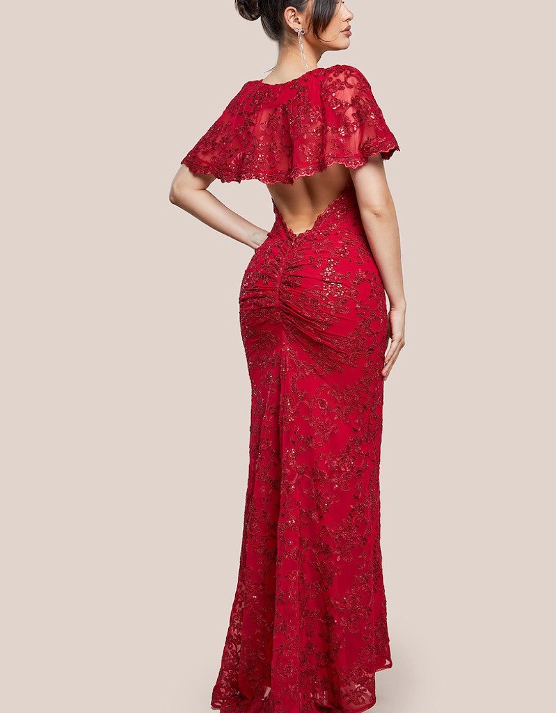 Scalloped Cape Open Back Lace & Sequin Maxi Dress, 2 of 1