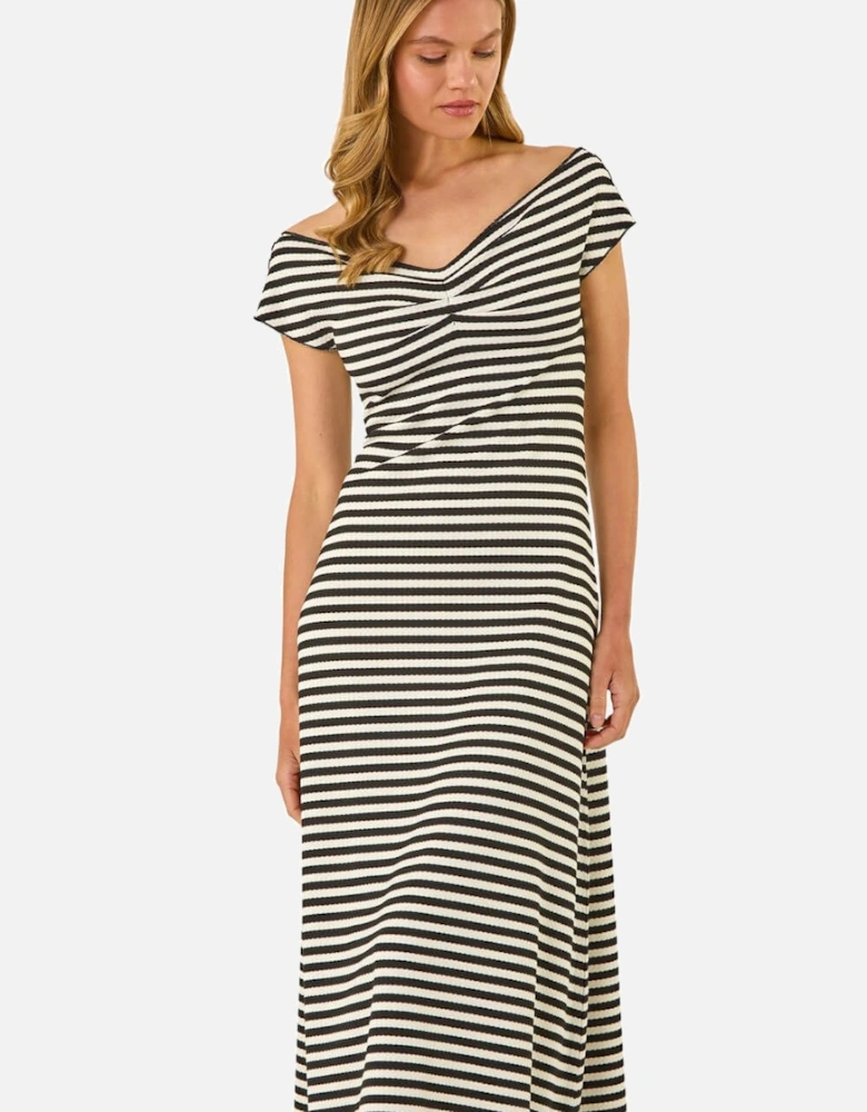 Stripe Bardot Knit Midi Stretch Dress