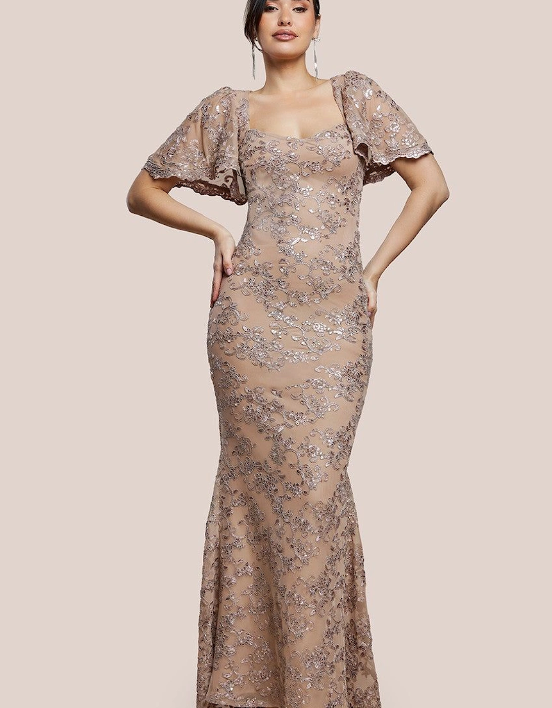 Scalloped Cape Open Back Lace & Sequin Maxi Dress, 2 of 1