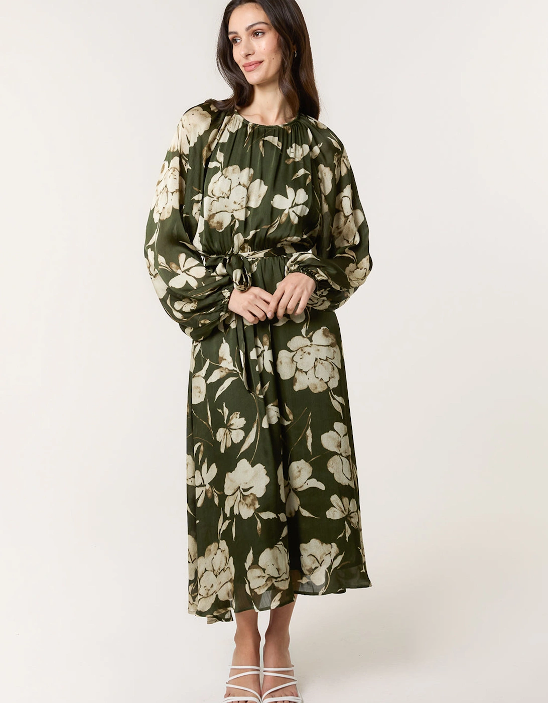 Khaki Satin Elastic Waist Midi Dress, 2 of 1