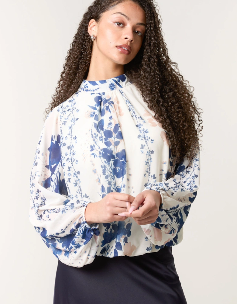 Blue Floral High Neck Puff Ball Blouse