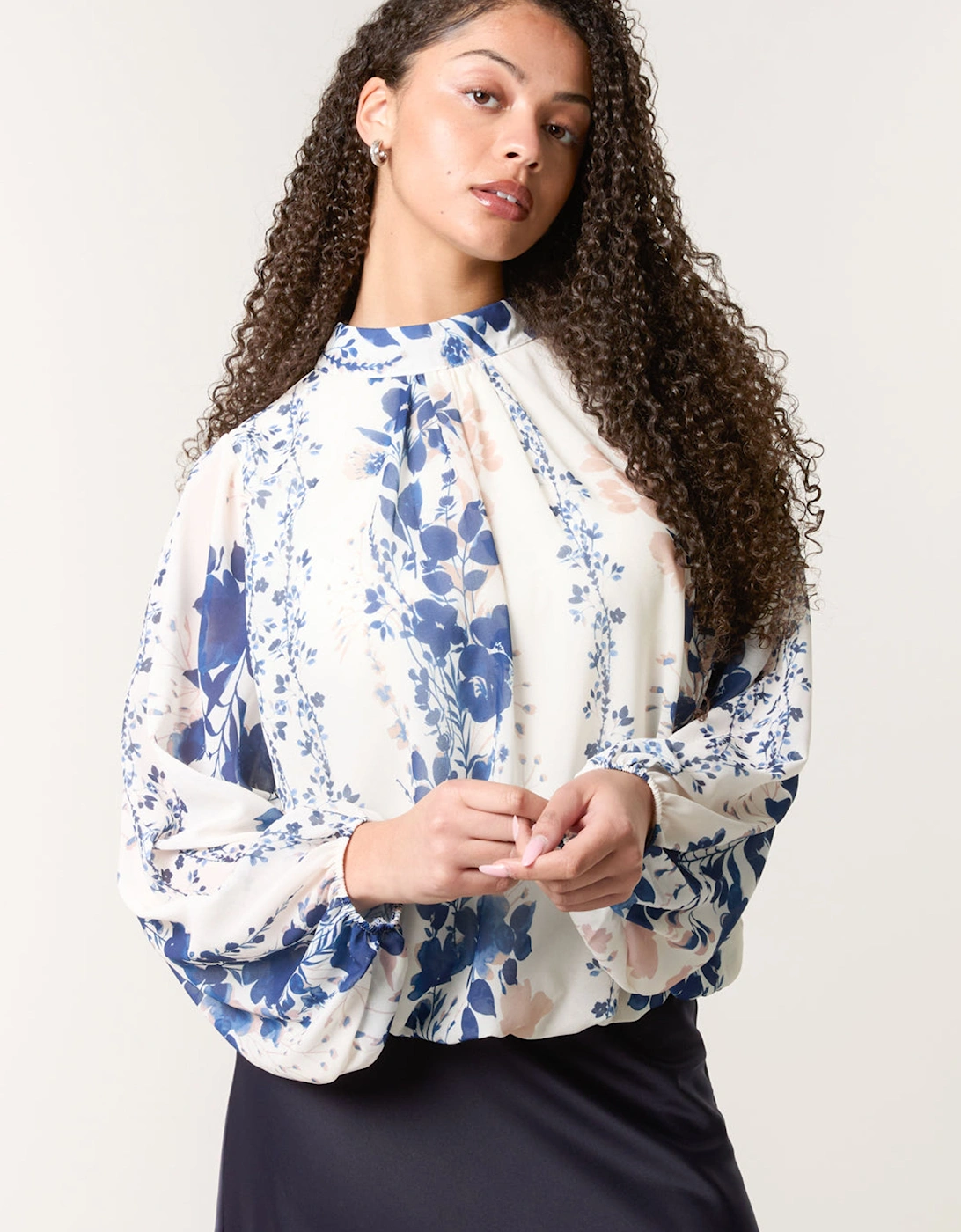 Blue Floral High Neck Puff Ball Blouse, 2 of 1